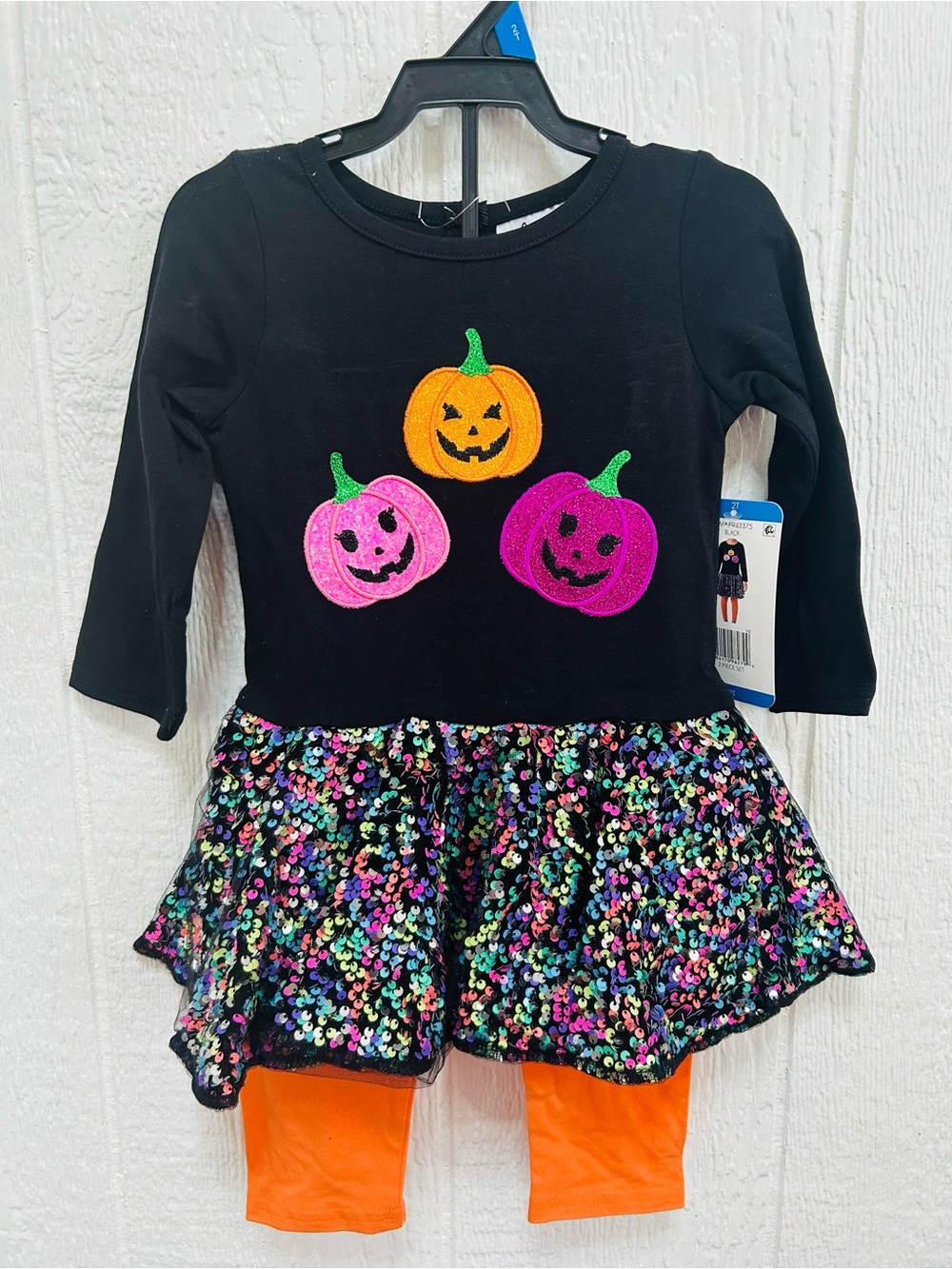 Girls' Black Halloween Pumpkin Sequin Dress with Orange Leggings